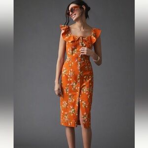 Anthropologie Orange Floral Midi Dress